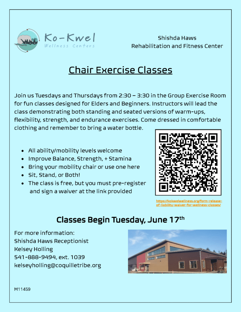 A flyer for Ko-Kwel Wellness Centers advertises a New Chair Exercise Class for elders and beginners, starting June 17, 2025—Tuesdays and Thursdays, 2:30–3:30 pm. It lists class benefits, requirements, contact info, and shows group exercise photos.