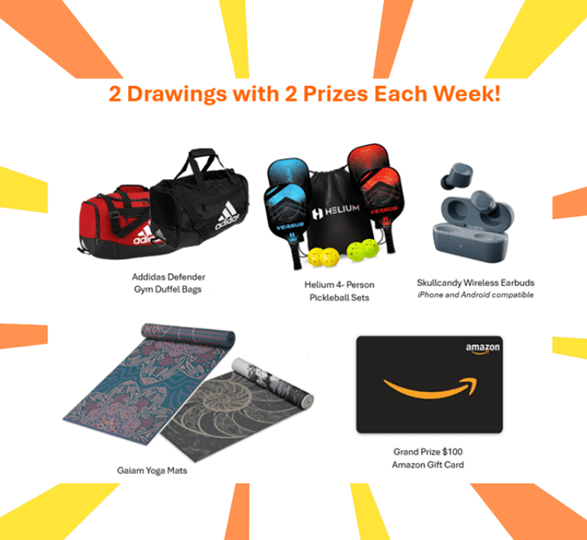 A promotional image with 2 Drawings with 2 Prizes Each Week! at the top, inviting you to Share Your Voice for a chance to win big: Adidas duffel bags, Helium pickleball sets, Skullcandy earbuds, Gaiam yoga mats, or a $100 Amazon gift card on a yellow sunburst background.