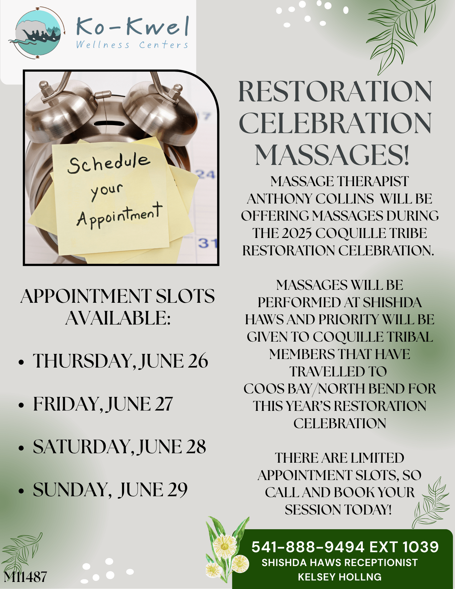 A flyer for Ko-Kwel Wellness Centers announces Restoration Day Celebration Massages. Massage appointment dates are June 26–29; call to book. The design features a clipboard note to schedule your appointment, a green border, and plant graphics.