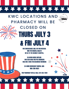 Patriotic flyer with stars, stripes, fireworks, and a red, white, and blue Uncle Sam hat, announcing KWC locations and pharmacy will be closed on July 3 and 4, with emergency contact numbers and a pharmacy refill line at the bottom.