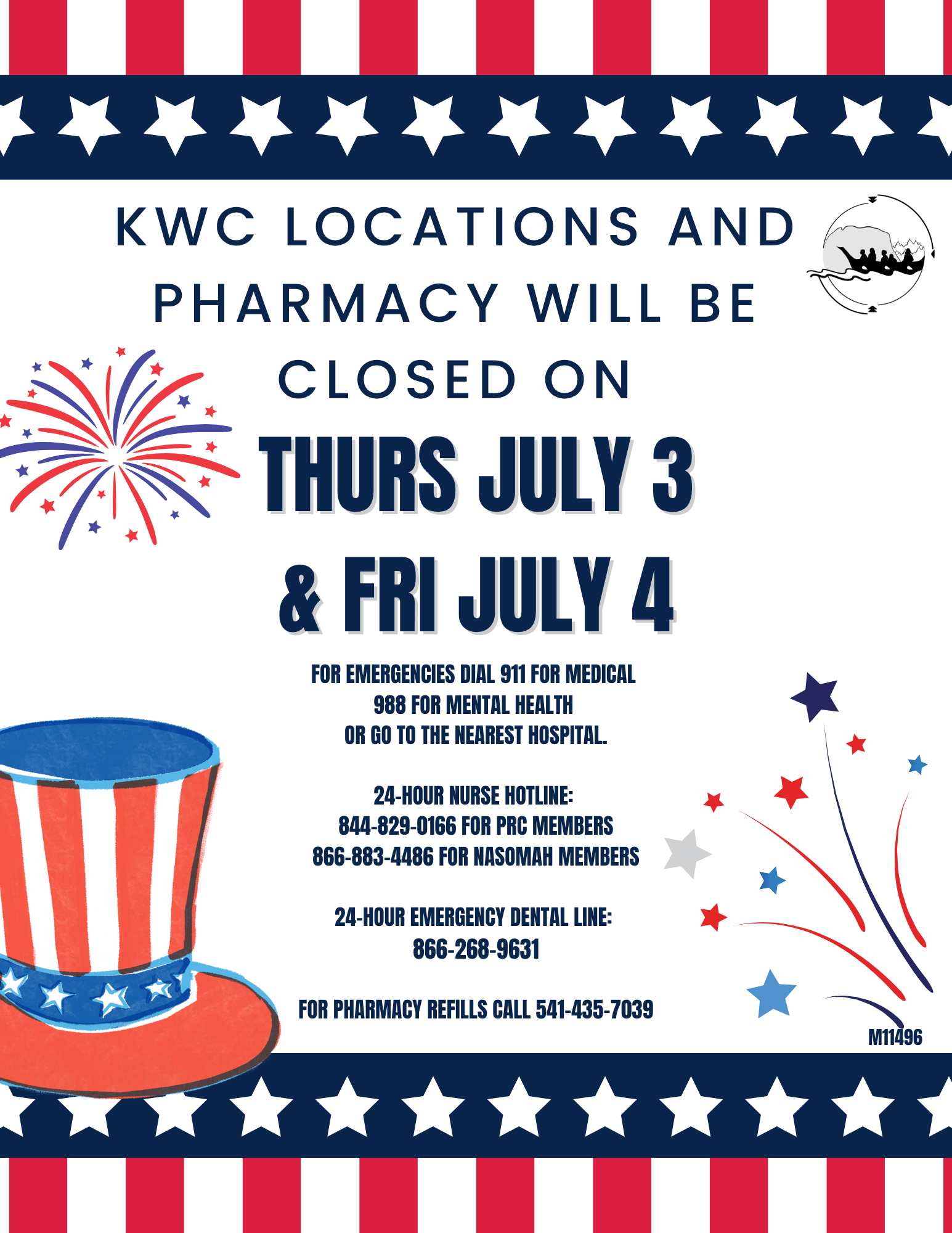 Patriotic flyer with stars, stripes, fireworks, and a red, white, and blue Uncle Sam hat, announcing KWC locations and pharmacy will be closed on July 3 and 4, with emergency contact numbers and a pharmacy refill line at the bottom.