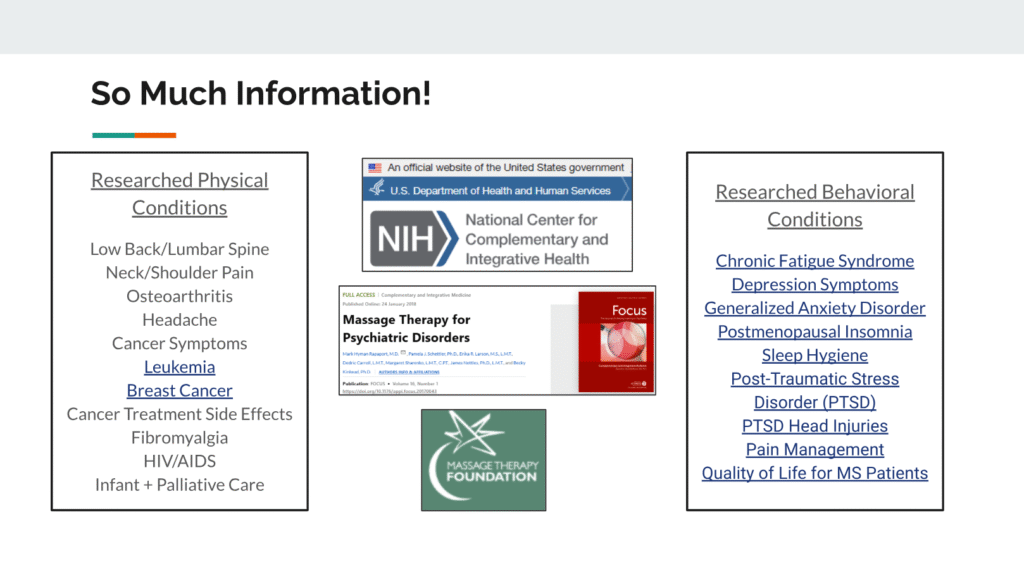 A slide lists researched physical and behavioral conditions helped by massage therapy, with logos for NIH and the Massage Therapy Foundation. Physical conditions include cancer symptoms and pain; behavioral conditions include depression and PTSD. Several links are underlined.