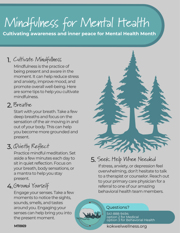 A teal and gray infographic titled Mindfulness for Mental Health lists five tips: cultivate mindfulness, breathe, quietly reflect, ground yourself, and seek help when needed, each with brief descriptions. A person sitting in a meditative pose is illustrated at the bottom.