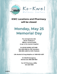 Flyer with a teal watercolor border. Text states: KWC Locations and Pharmacy will be closed Monday, May 25 Memorial Day. Provides emergency phone numbers for medical, mental health, nurse hotline, helpline, dental care, and pharmacy refills. Top features Ko-Kwel logo.