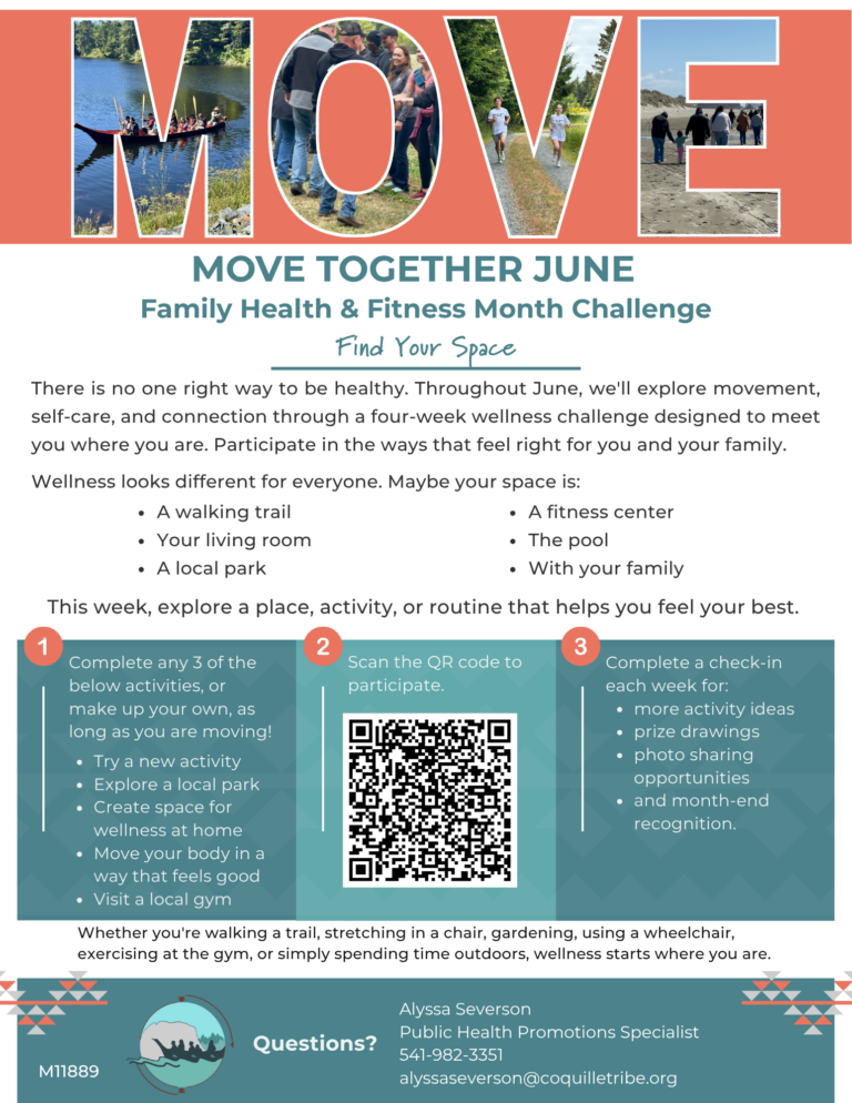 Colorful flyer titled “MOVE TOGETHER JUNE” promotes a family health and fitness challenge with steps, activity ideas (walk, yoga, gym, park, fitness center, nature), a QR code, and contact info. Images include diverse people walking, cycling, and using a wheelchair.