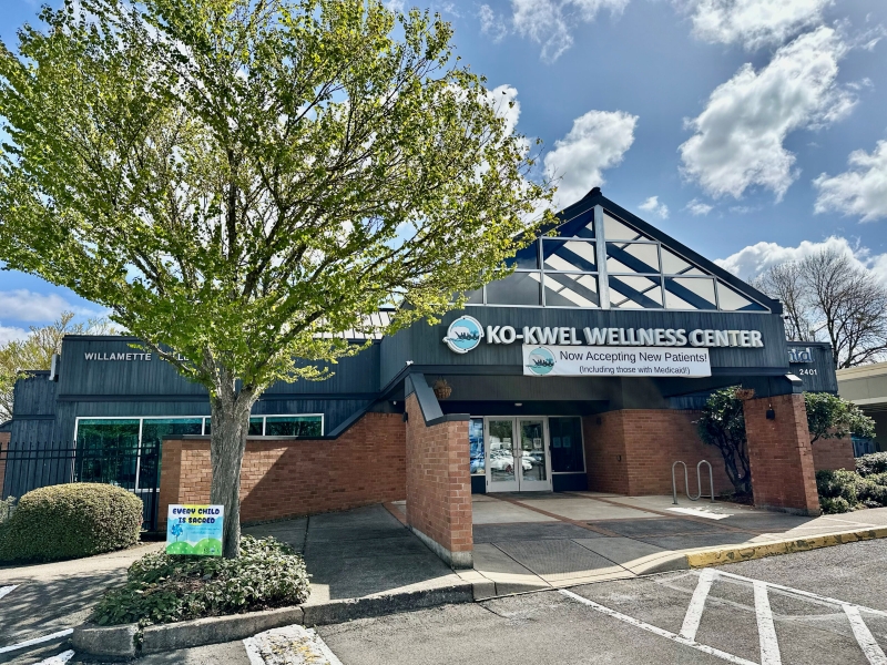 A brick and dark-paneled building with a triangular roof labeled KO-KWEL WELLNESS CENTER. A tree with green leaves stands in front. Signs announce new patient acceptance. The sky is partly cloudy, and the area appears clean and inviting.