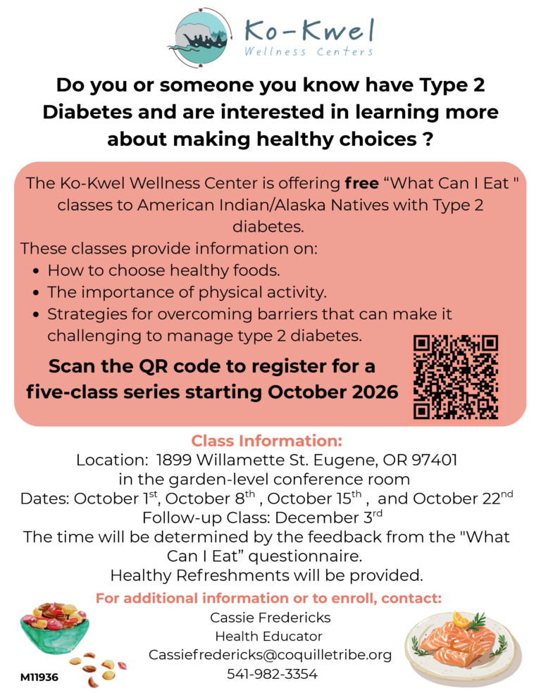 Flyer for Ko-Kwel Wellness Centers’ “What Can I Eat” diabetes class for American Indian/Alaska Natives. Lists dates, location, registration QR code, contact info, topics covered, and images of healthy foods and medicine. Text with autumn leaves border.