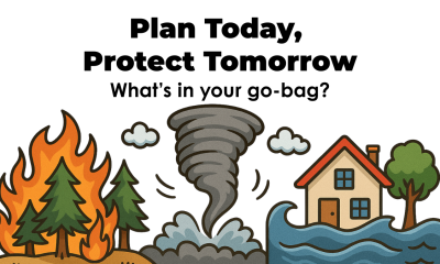 Illustration with fire, tornado, and flood near a house and trees. Above, bold text reads: “Plan Today, Protect Tomorrow. What’s in your go-bag?” Message highlights disaster preparedness as a vital part of Public Health.